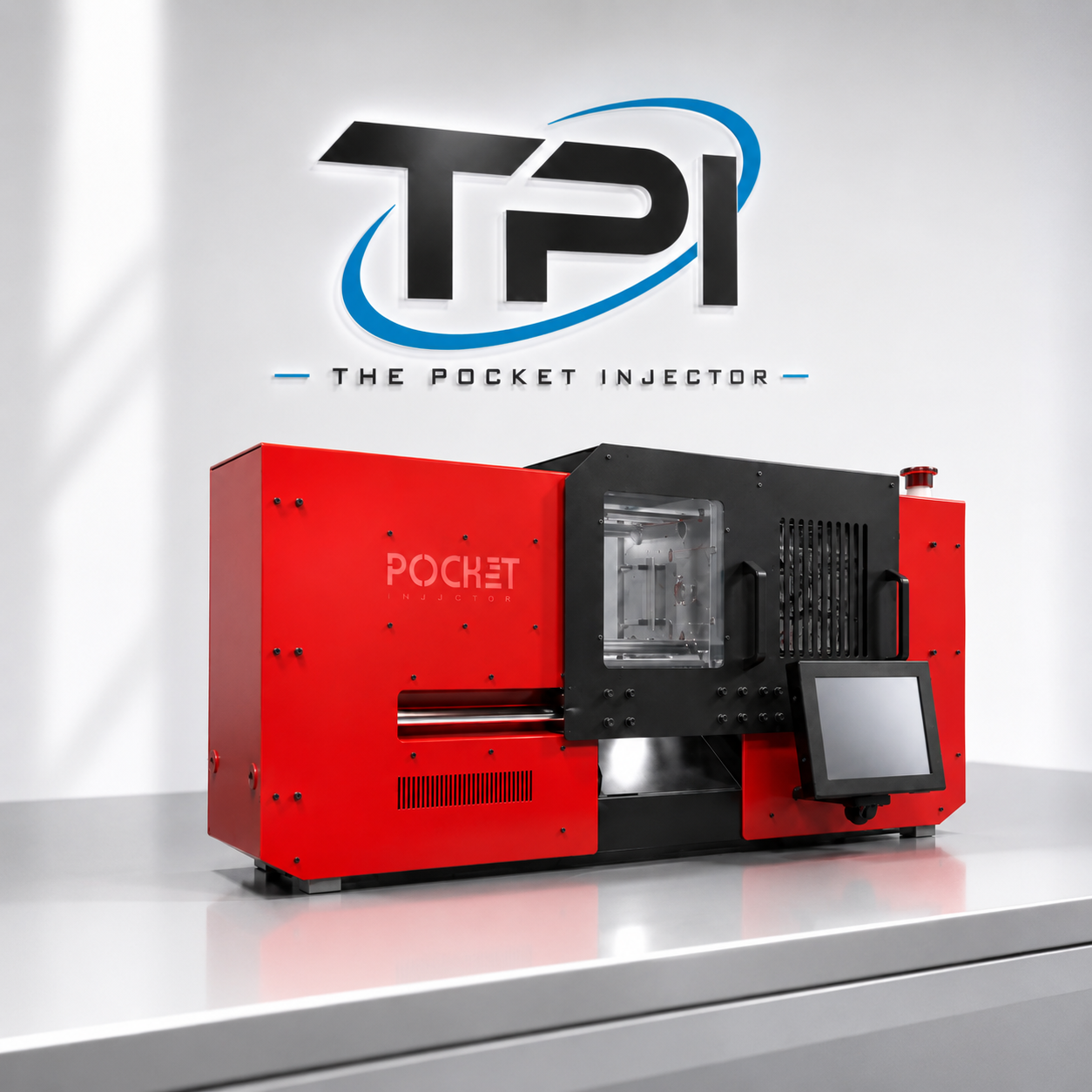 Pressa a iniezione da banco TPI-Pro su un banco di lavoro con insegna TPI