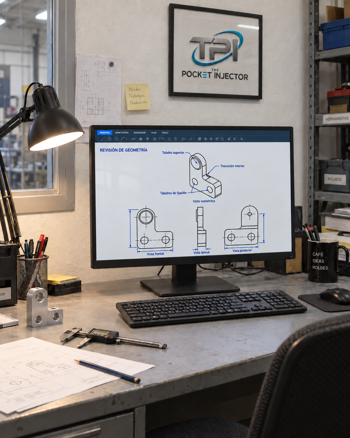 Escena ilustrativa de oficina técnica con diseño CAD en pantalla
