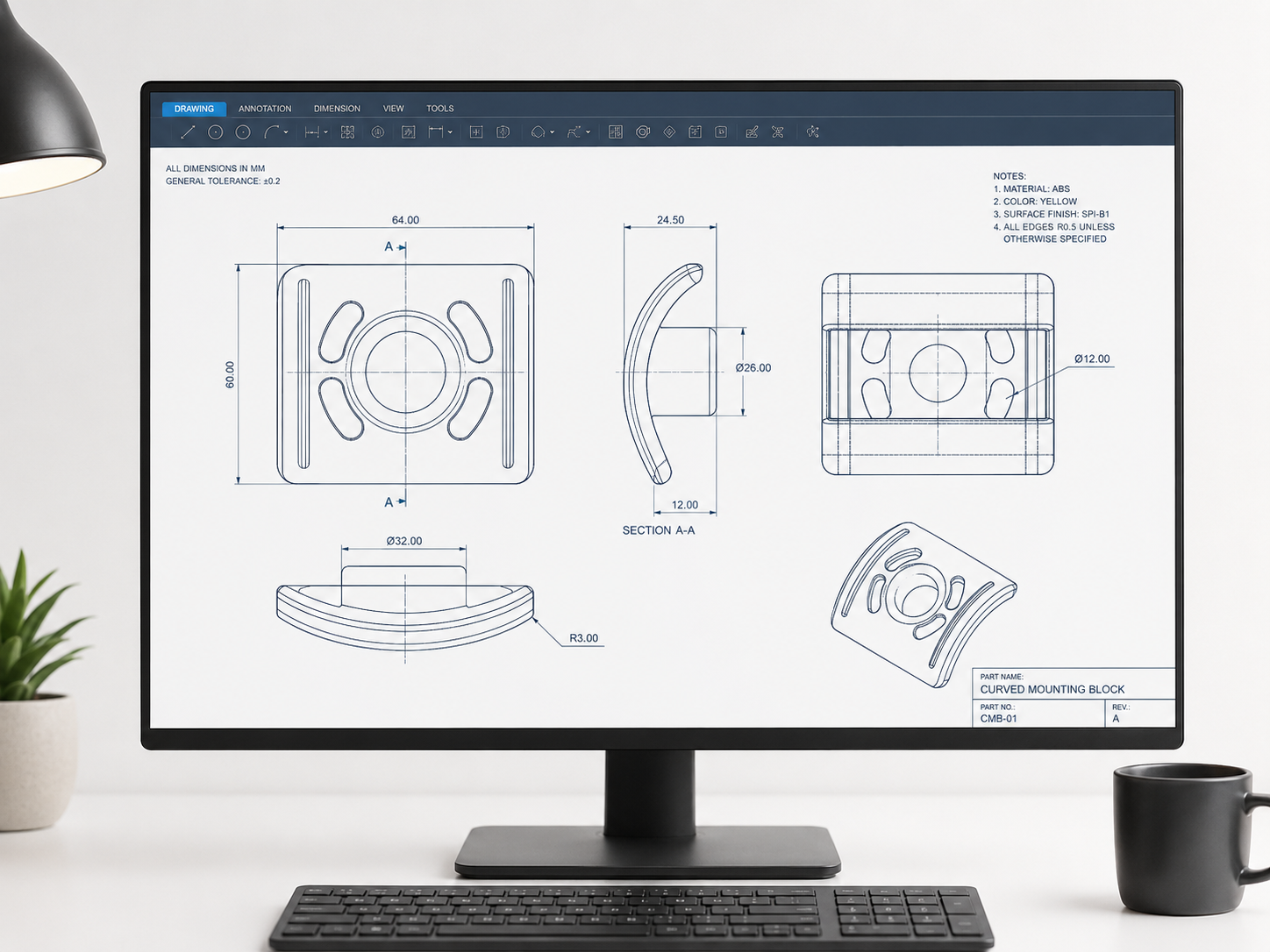 Disegno tecnico illustrativo su un monitor